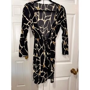Tara Grinna Black Cream Abstract Print Long Sleeve V-Neck Cover Up Dress Size M